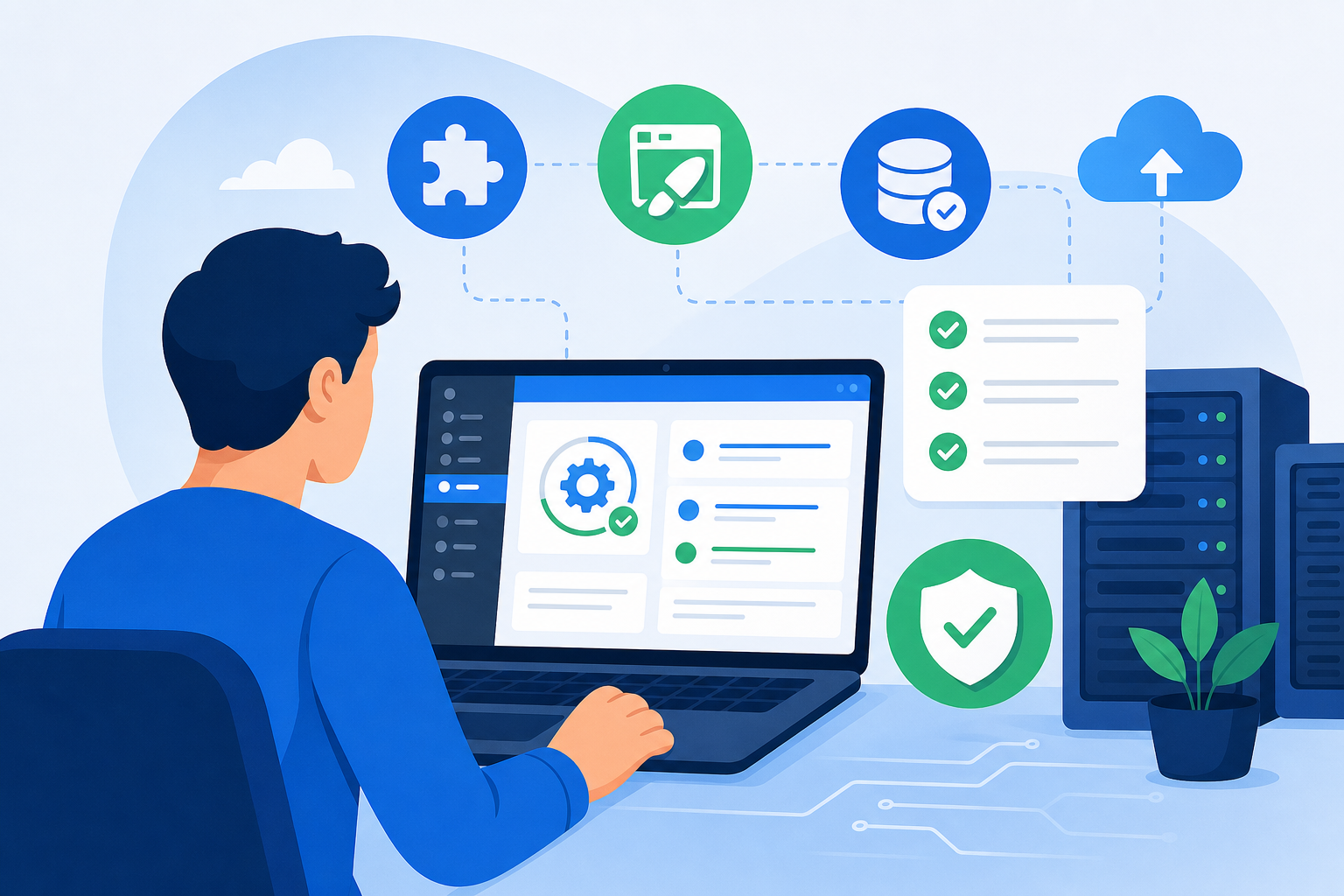 Pessoa revisando um painel WordPress em um notebook, com ícones de plugins, tema, backup e checklist em tons de azul e verde
