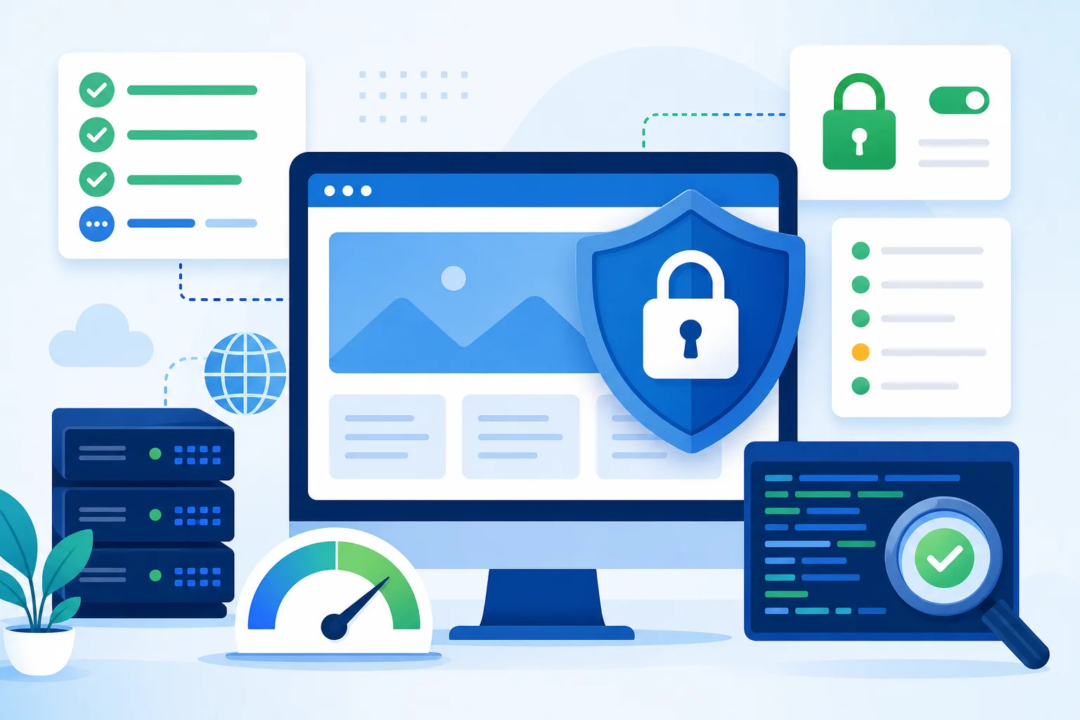 Painel técnico em tons de azul mostrando um site WordPress protegido por um escudo, respostas HTTP, cadeado SSL e cabeçalhos de segurança sendo verificados