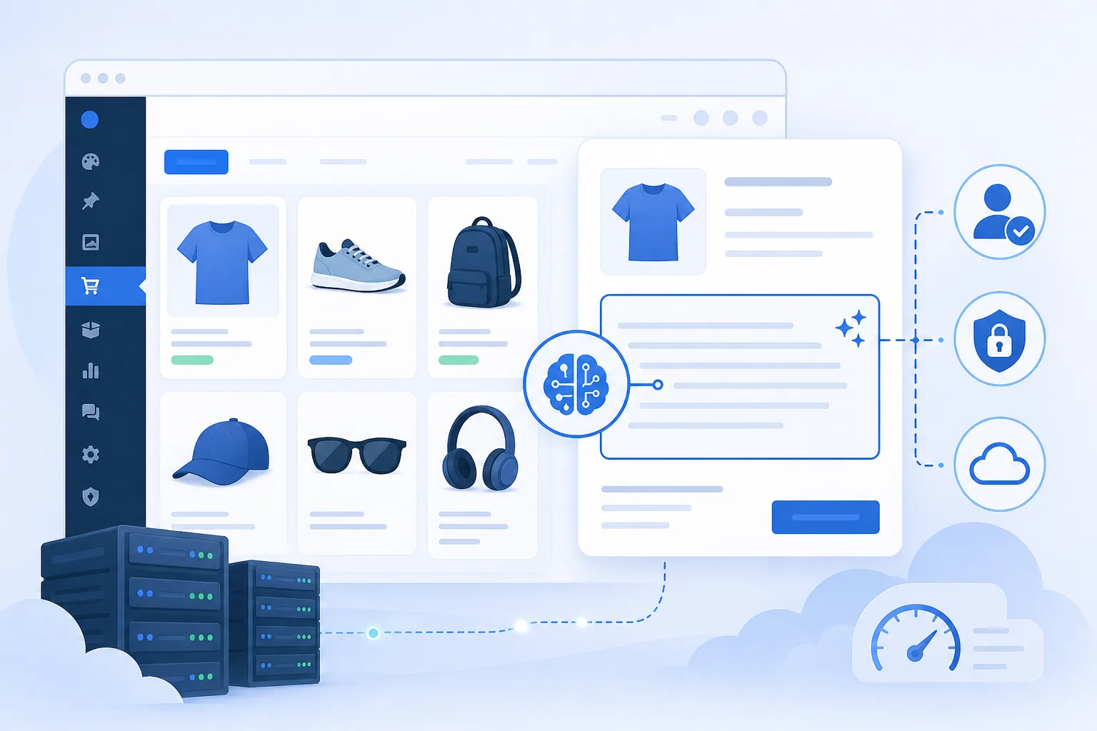 Painel de WooCommerce em tons claros com cartões de produtos, campo de descrição sendo preenchido por IA e ícones discretos de revisão humana, segurança e nuvem em azul
