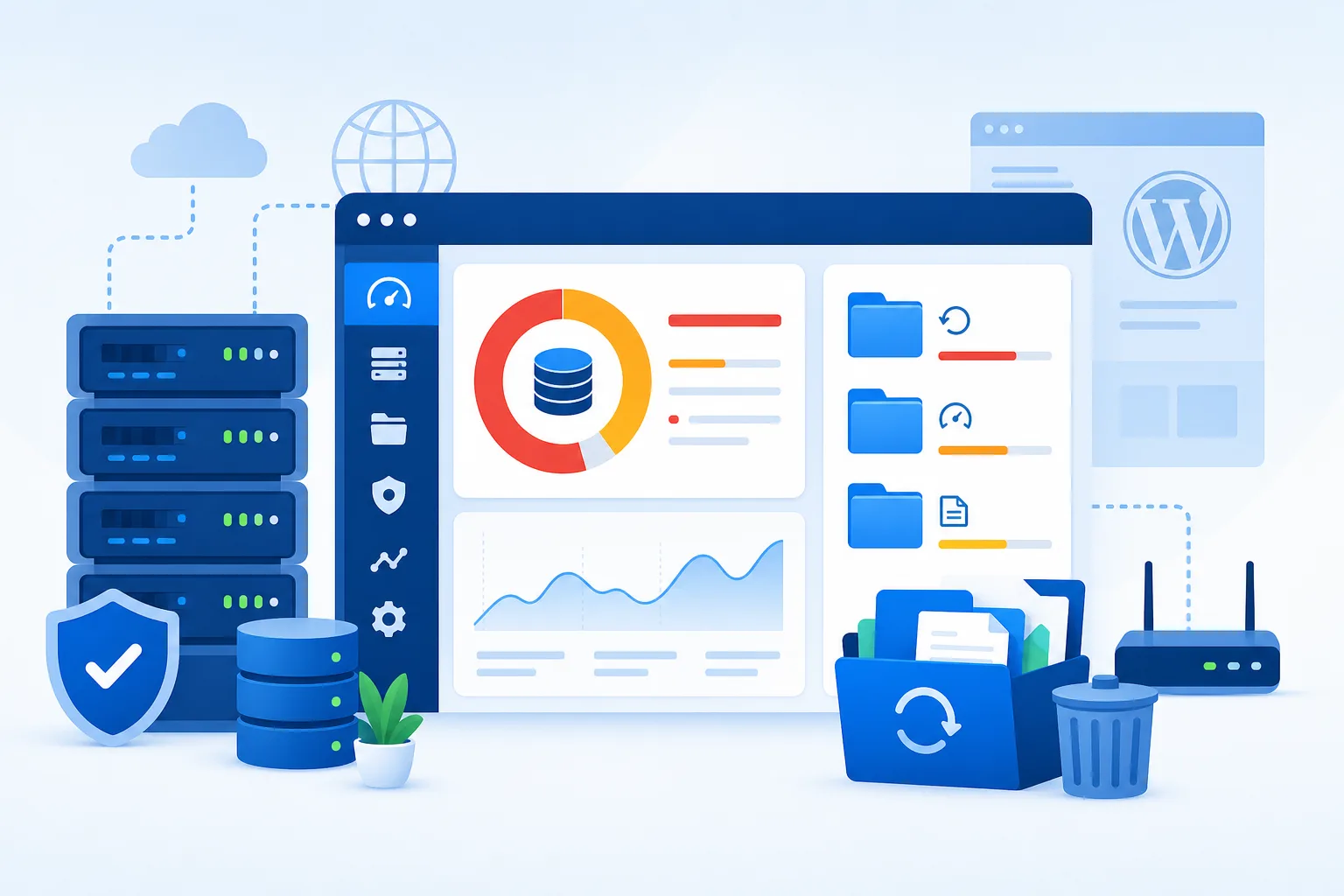 Painel de uma VPS WordPress em tons de azul mostrando armazenamento quase cheio, pastas de backup, cache e logs ao lado de um indicador de espaço em disco