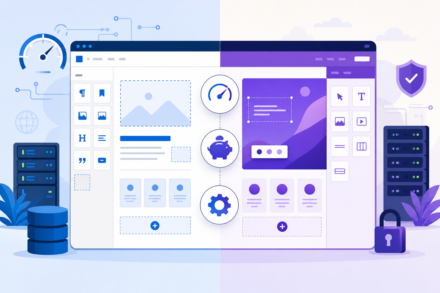 Tela dividida mostrando um site WordPress em construção, de um lado blocos nativos em tons azuis e do outro um construtor visual com painéis roxos, com ícones de velocidade, custo e manutenção ao centro