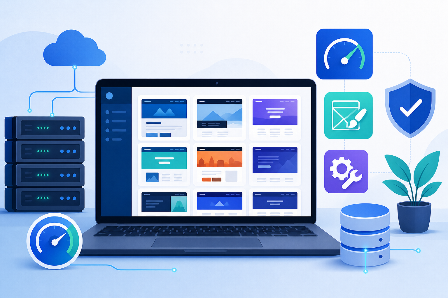 Tela de notebook com biblioteca de temas WordPress, cartões de layout, paleta azul e detalhes visuais de velocidade, edição e manutenção do site