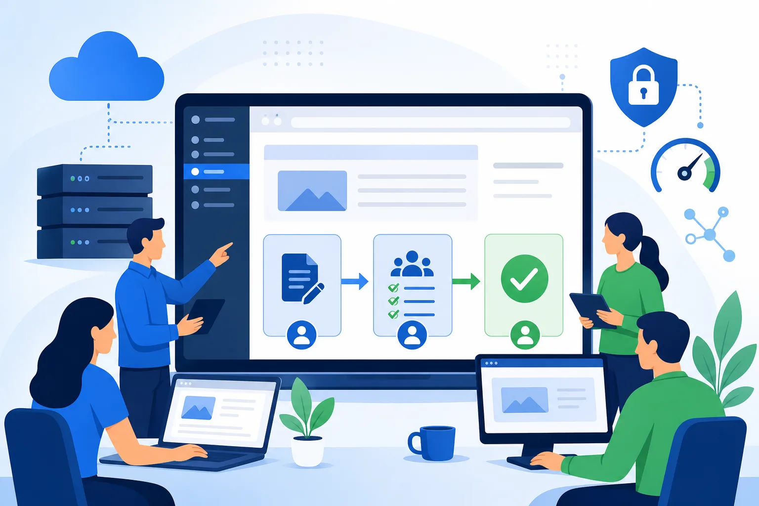 Equipe de marketing revisando uma página WordPress em um painel com etapas de rascunho, revisão e aprovação, usando tons de azul, branco e verde, com ícones de usuários, checklist e nuvem de servidor ao fundo