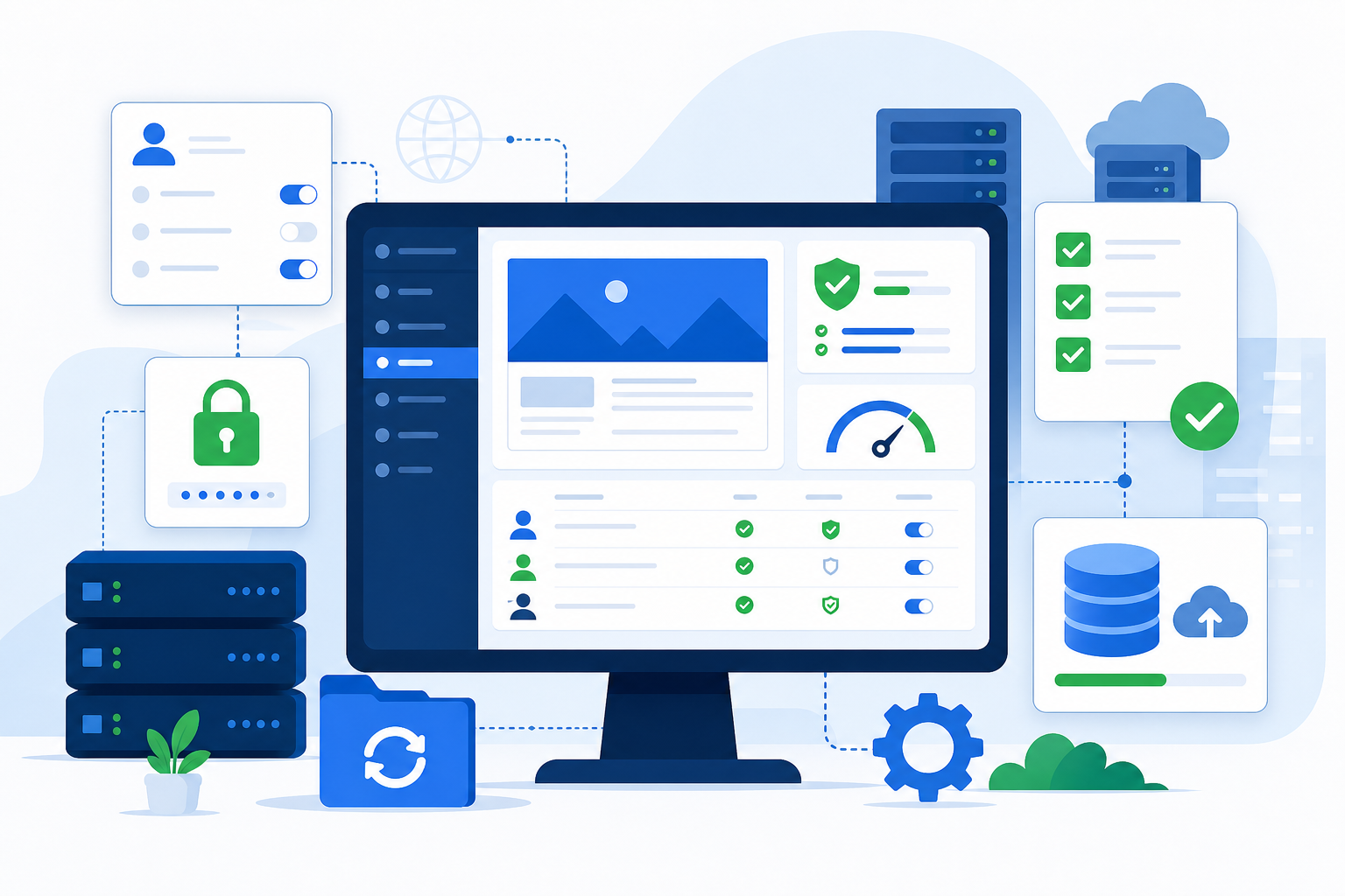 Ilustração de um painel WordPress corporativo com equipe revisando permissões, checklist de aprovação, backup e manutenção em tons de azul, branco e verde