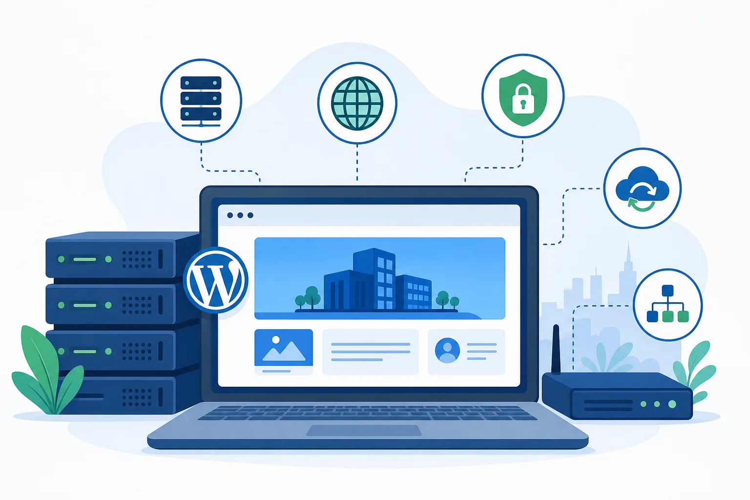 Ilustração de um site institucional WordPress em uma tela de notebook, com ícones de servidor, domínio, SSL, backup e DNS em tons de azul e verde
