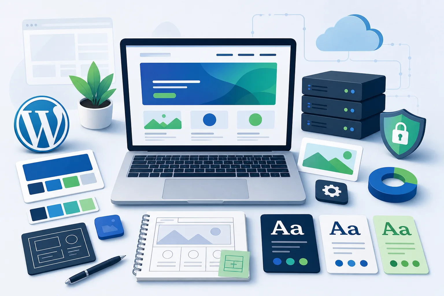 Mesa de planejamento visual para site WordPress com paleta de cores azul e verde, cartões de tipografia, esboço de página inicial em notebook e elementos de marca organizados ao redor