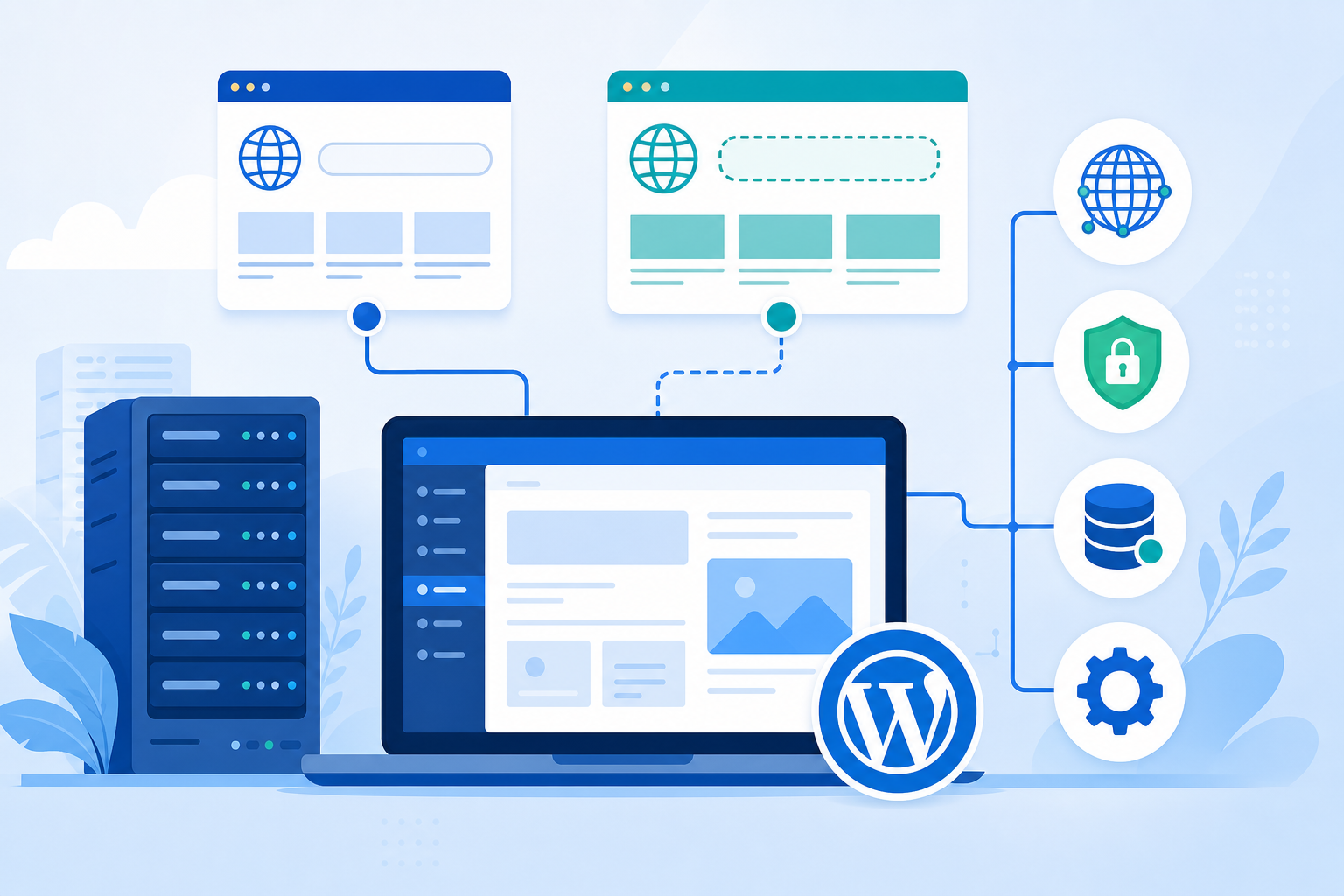 Tela conceitual em tons de azul mostrando um domínio principal, um subdomínio de testes, ícones de DNS, SSL, banco de dados e painel WordPress conectados por linhas simples