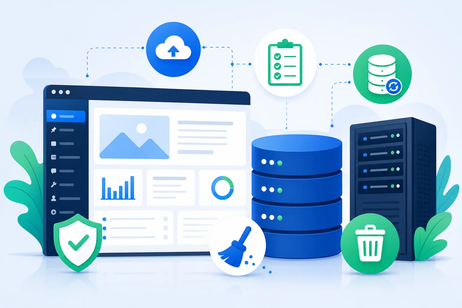 Ilustração de um painel WordPress ao lado de um banco de dados organizado, com ícones de backup, lixeira, checklist e servidor em tons de azul, branco e verde