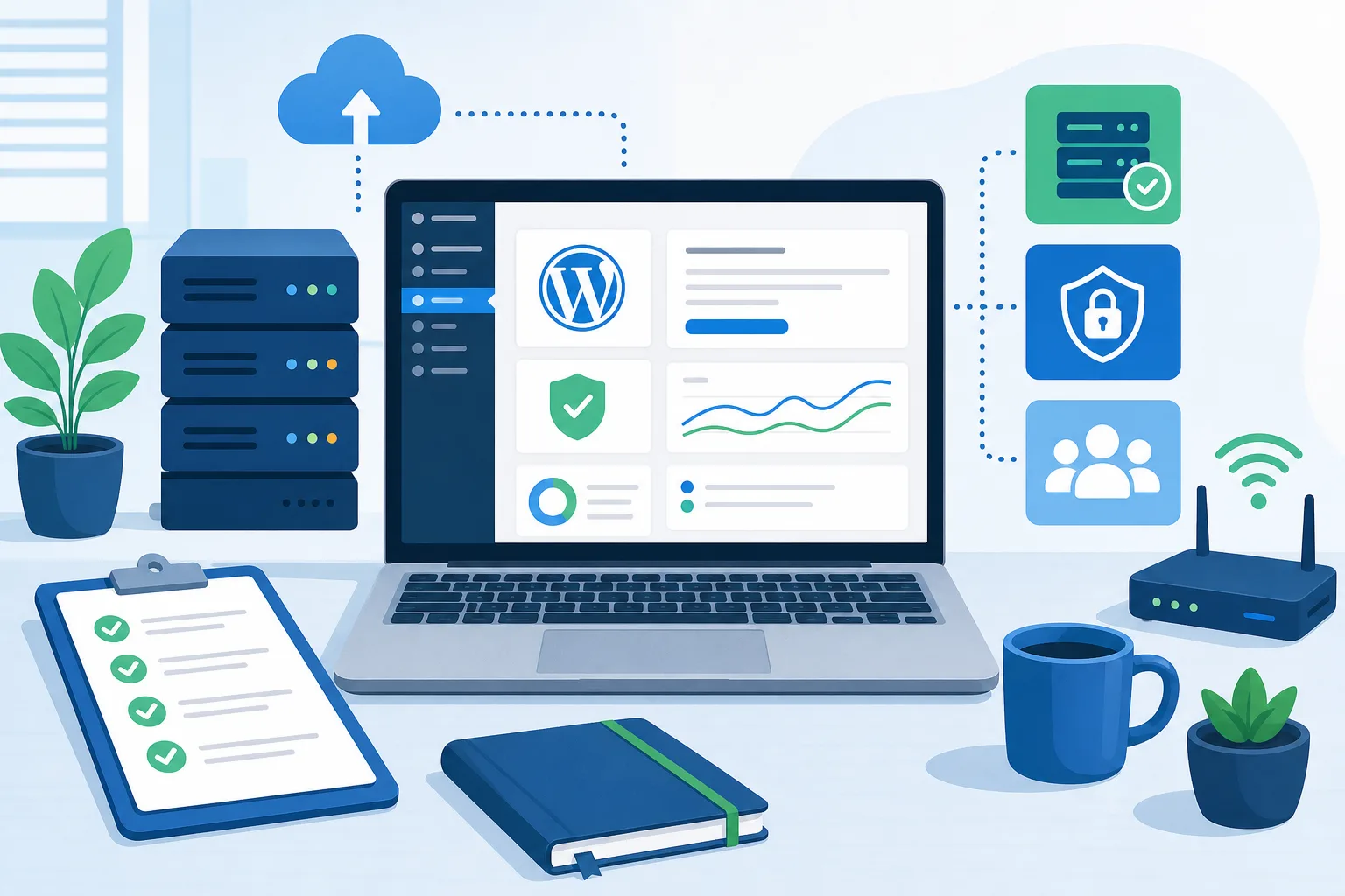 Mesa de trabalho corporativa com notebook exibindo painel WordPress, checklist de manutenção, ícones de backup, segurança e usuários em tons de azul e verde