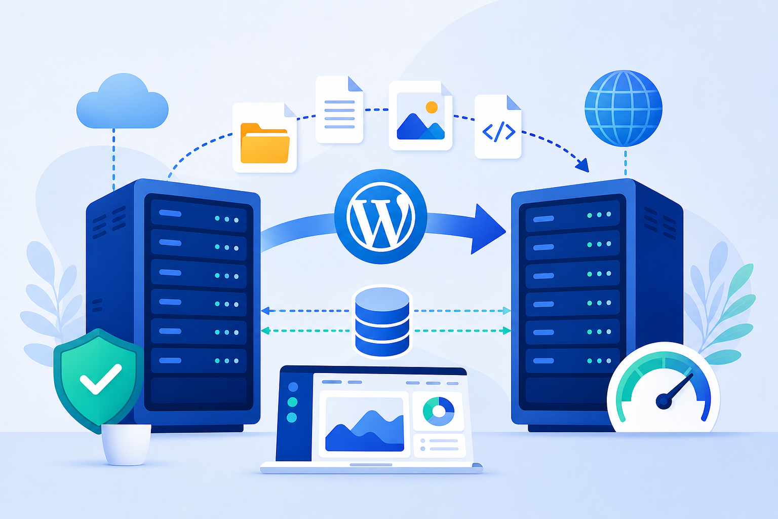 Ilustração de migração WordPress com dois servidores em tons de azul, arquivos, banco de dados e domínio sendo transferidos com setas de conexão