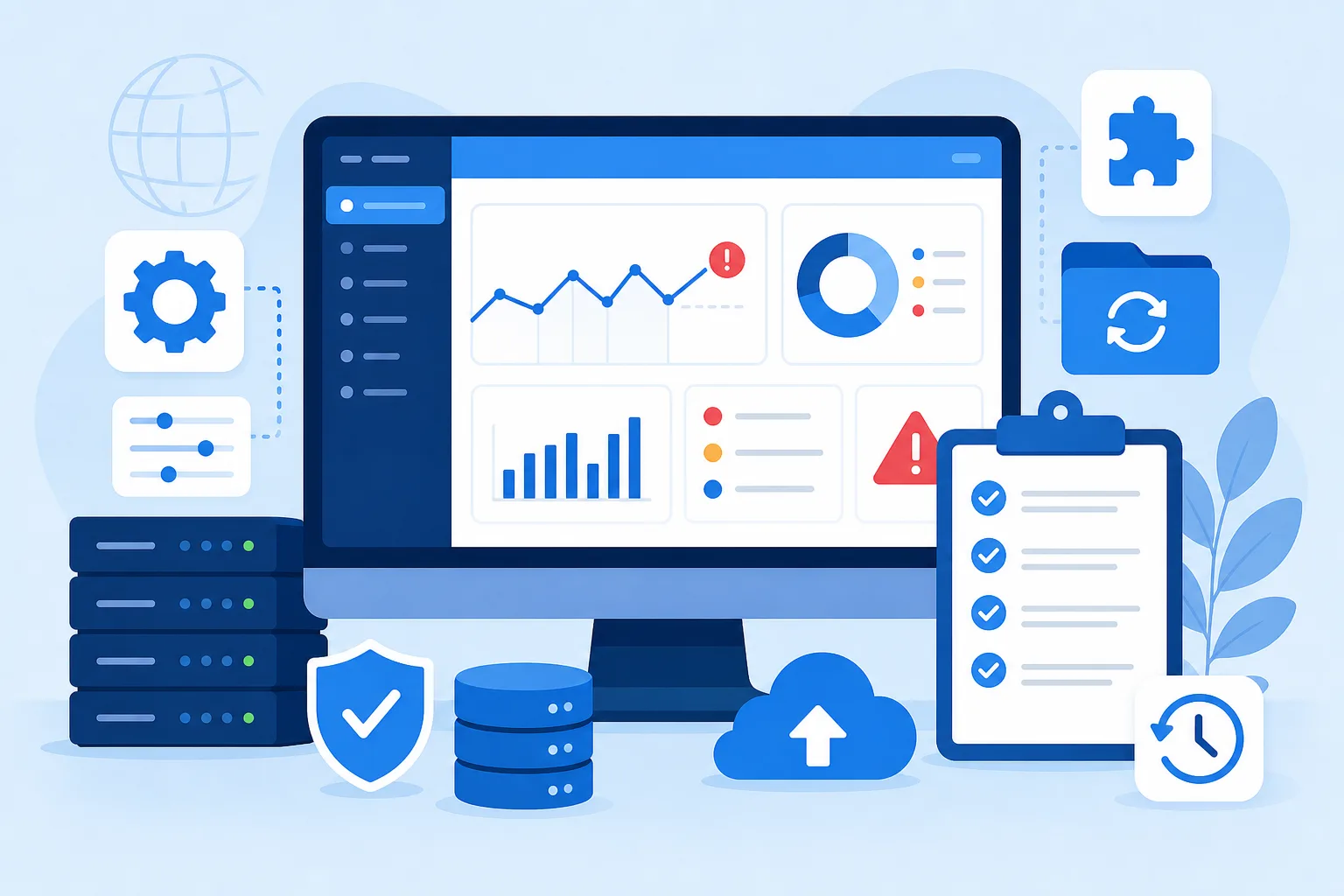 Painel de manutenção WordPress em tons de azul e branco, com gráficos de erros, ícones de plugin, backup, servidor e uma lista de verificação pós mudança