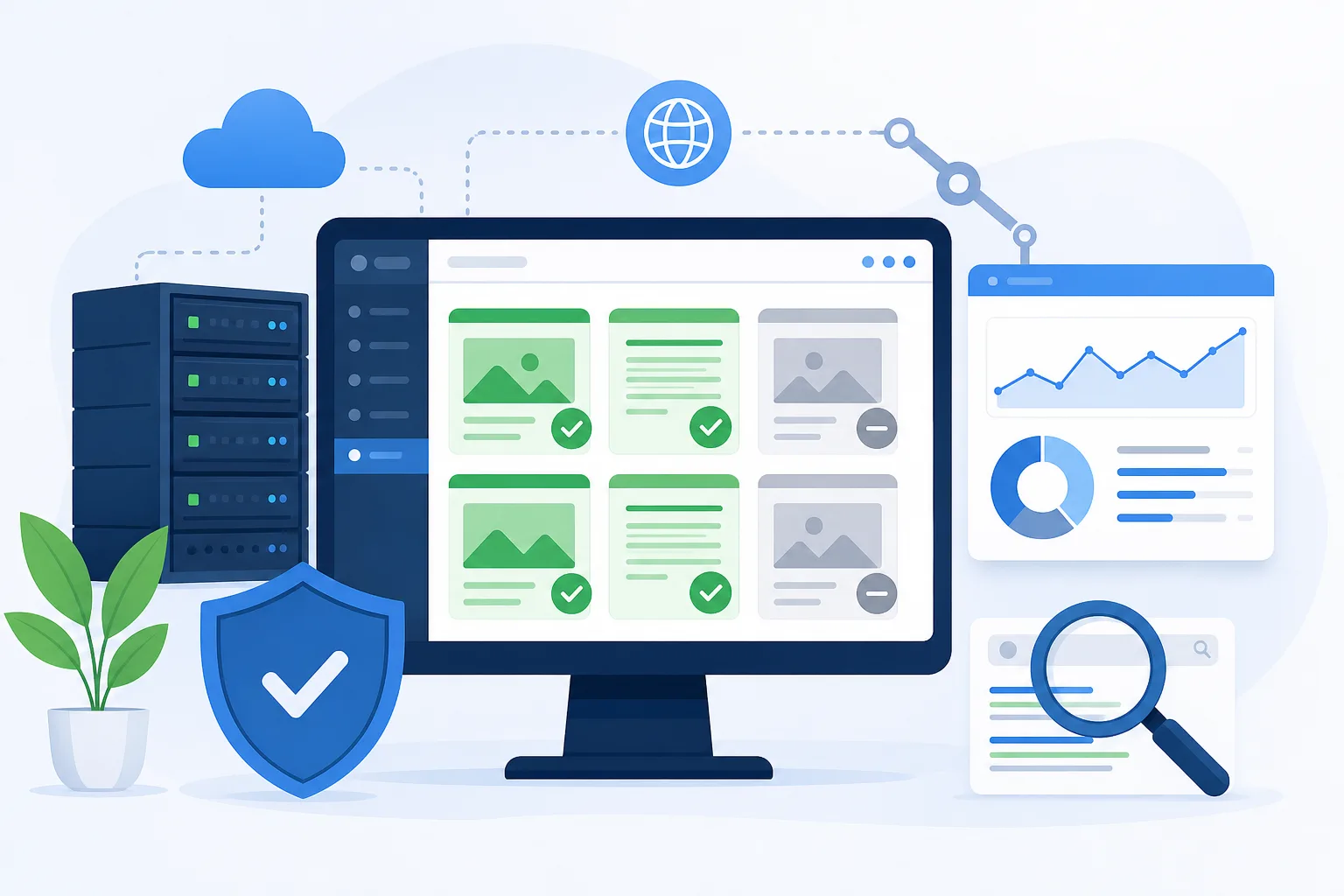 Tela conceitual de SEO WordPress com páginas indexadas em verde, páginas com noindex em cinza e um painel de verificação do Google Search Console em tons de azul