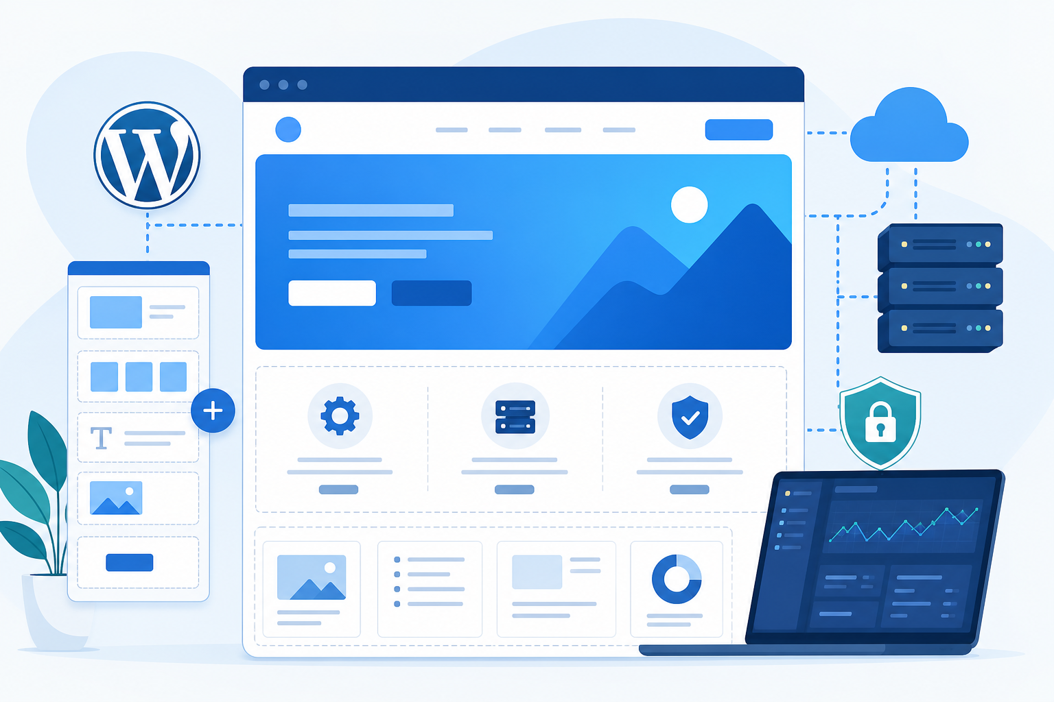 Ilustração de uma página inicial WordPress sendo planejada em blocos, com topo do site, chamada principal, botões, seções de serviços e cores azul e branca