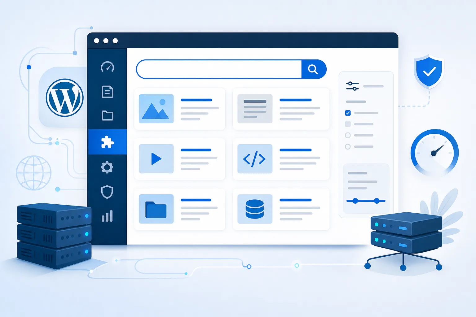 Interface conceitual de um site WordPress com campo de busca destacado, resultados organizados em cartões, filtros laterais discretos e paleta em azul, branco e cinza