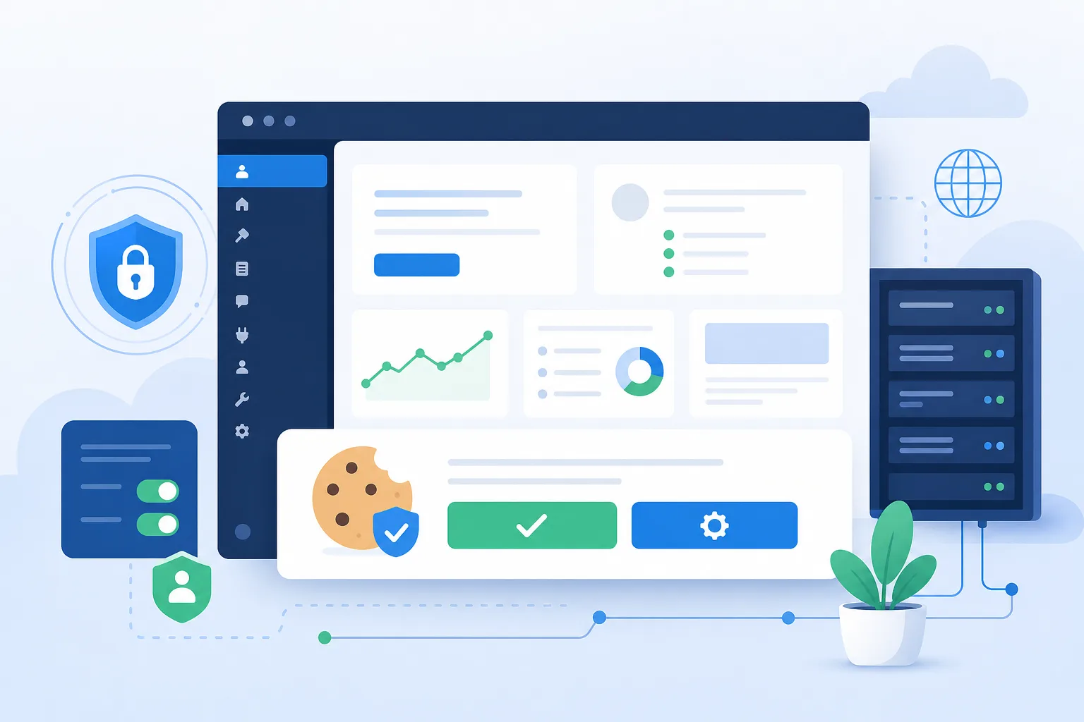 Tela conceitual de um painel WordPress com banner de cookies em destaque, botões de aceitar e configurar preferências, ícones de privacidade e cores azul, branco e verde suaves