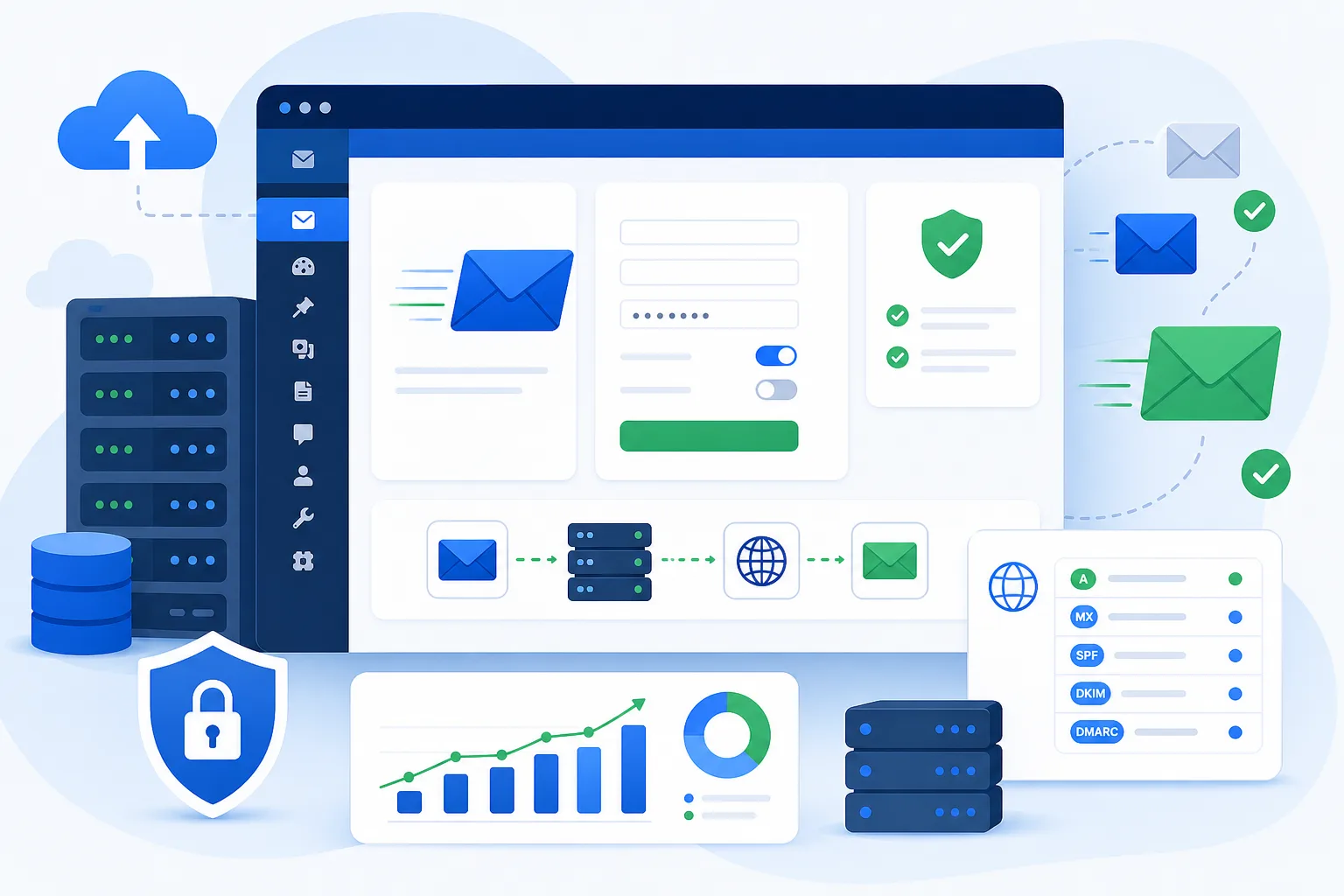 Tela conceitual de painel WordPress com configuração SMTP, envelopes digitais, registros DNS e indicadores de envio em tons azul, branco e verde