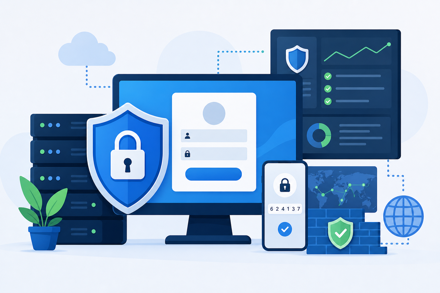 Ilustração de uma tela de login do WordPress protegida por escudo azul, cadeado, código de autenticação em duas etapas e painel de segurança ao fundo