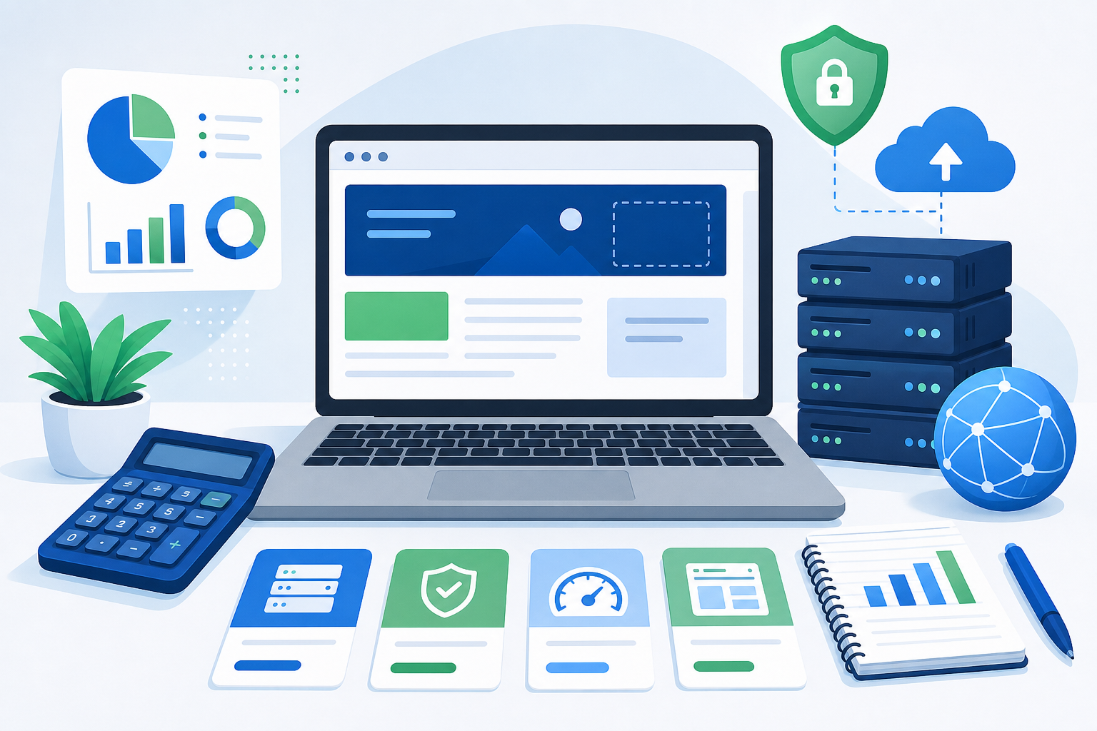 Mesa de planejamento financeiro para um site WordPress, com notebook exibindo uma página em construção, calculadora, cartões de custos e cores em azul, verde e branco