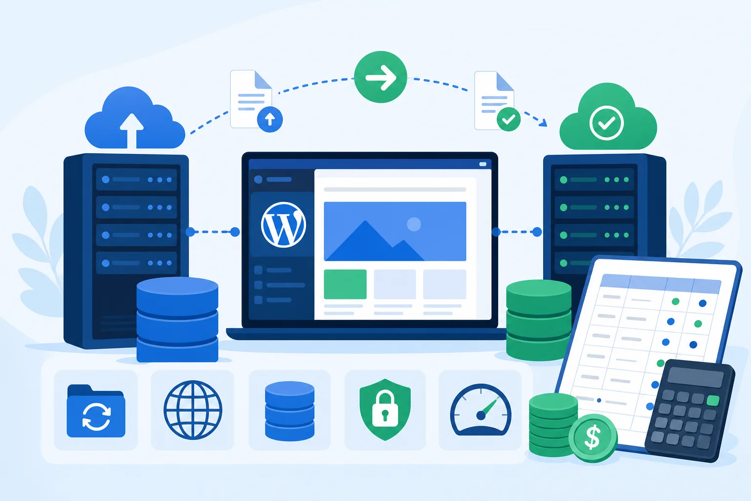 Ilustração editorial em tons de azul e verde mostrando um site WordPress sendo transferido entre dois servidores, com ícones de backup, domínio, banco de dados, SSL e uma planilha de custos ao lado
