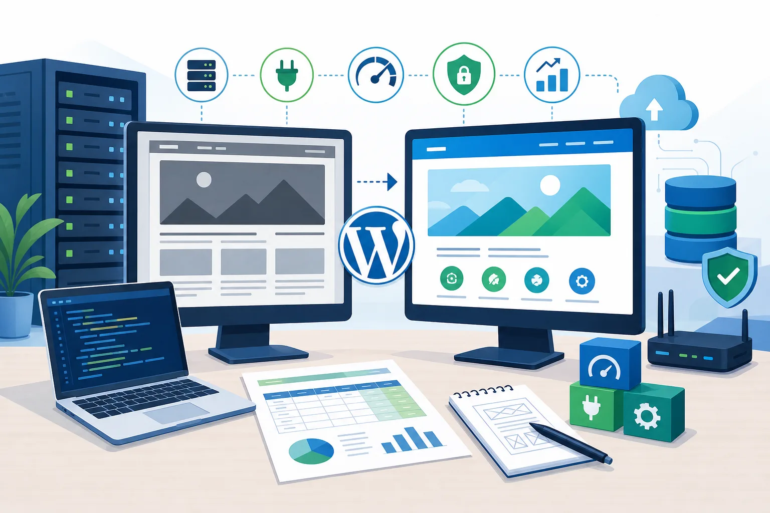 Mesa de planejamento com tela mostrando um site WordPress antigo ao lado de uma nova proposta visual, planilha de orçamento, ícones de hospedagem, plugins e desempenho em tons azul e verde