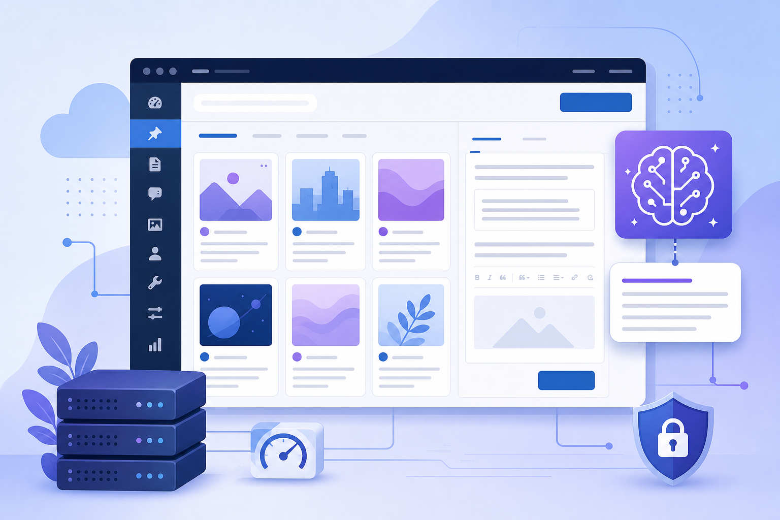 Tela conceitual de um painel WordPress com rascunhos de posts, cartões de briefing editorial e elementos visuais de inteligência artificial em azul e roxo