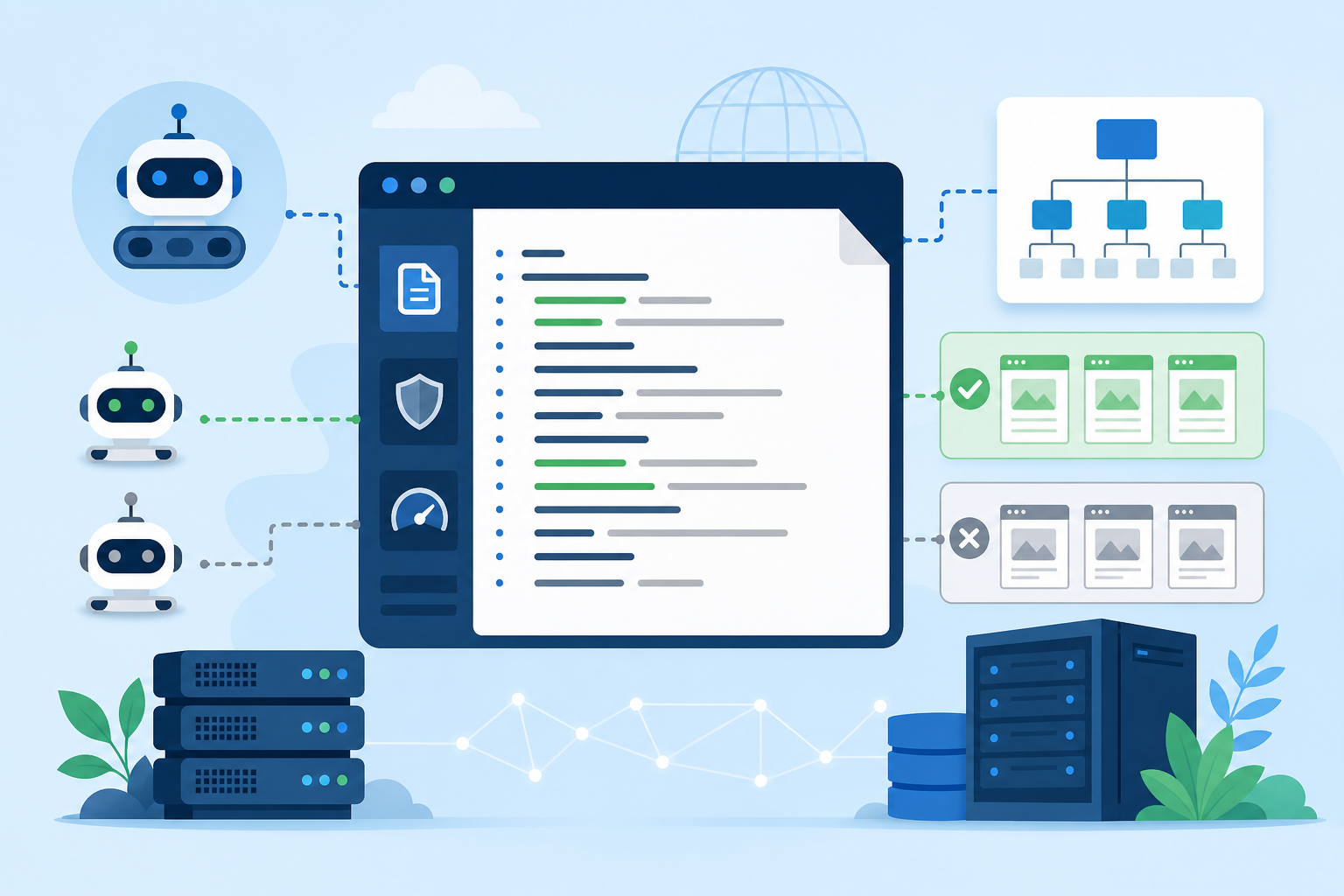Tela conceitual de SEO técnico no WordPress com um arquivo robots.txt aberto, ícones de robôs de busca, sitemap, páginas verdes liberadas e páginas cinza bloqueadas em fundo azul claro