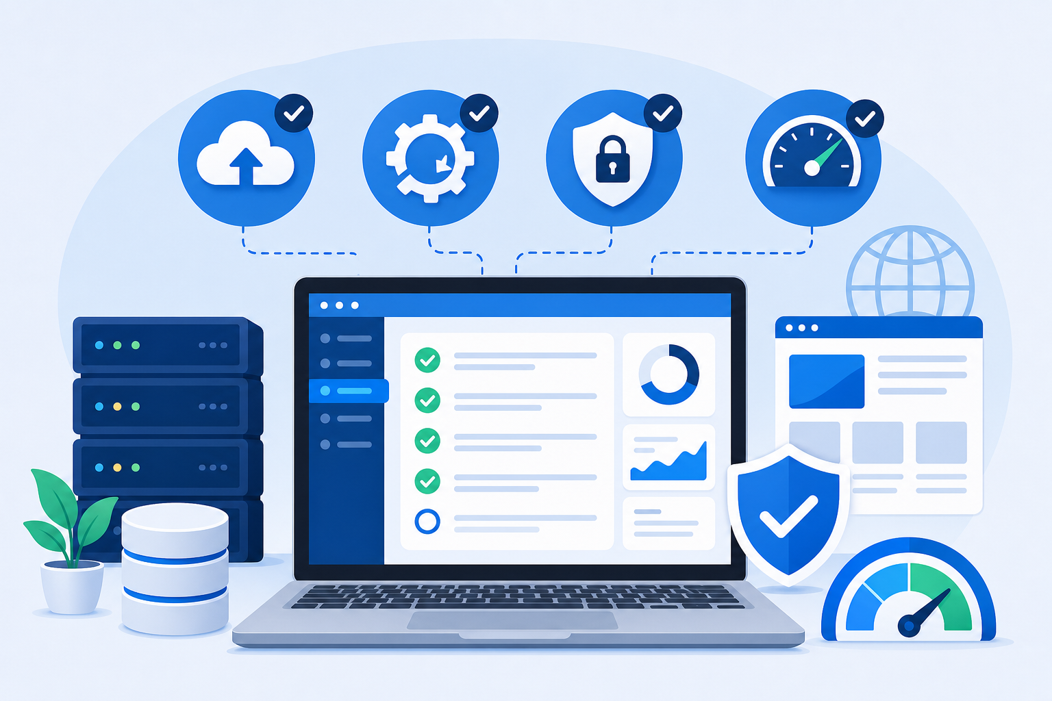 Painel de manutenção WordPress em tons de azul e branco, com lista de tarefas, ícones de backup, atualização, segurança e desempenho ao redor de um notebook