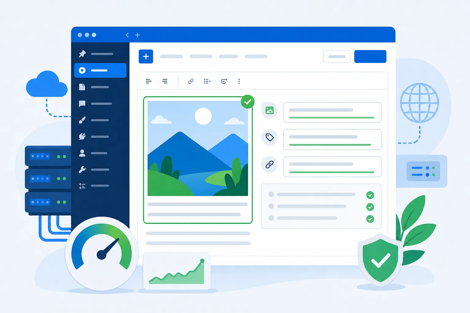 Tela conceitual de um editor WordPress com imagem selecionada, campos de texto alternativo e nome do arquivo em destaque, usando tons azul, branco e verde para representar revisão de SEO