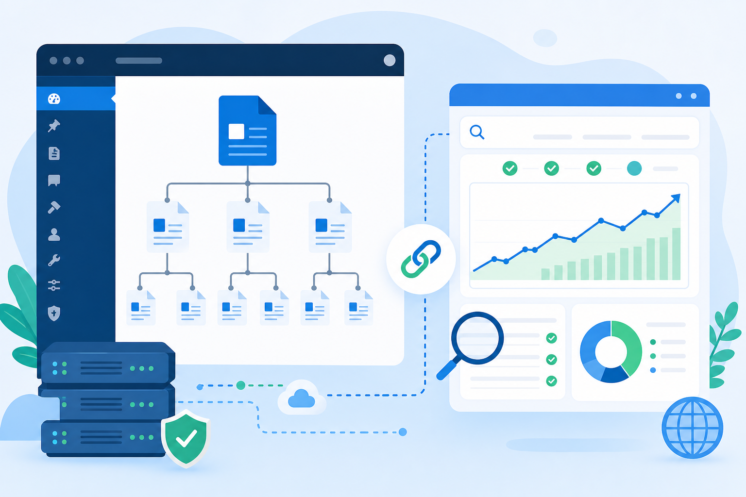 Tela conceitual de um painel WordPress com mapa de páginas conectado ao Google Search Console, em tons de azul, branco e verde, com ícones de páginas, lupa e gráfico de indexação