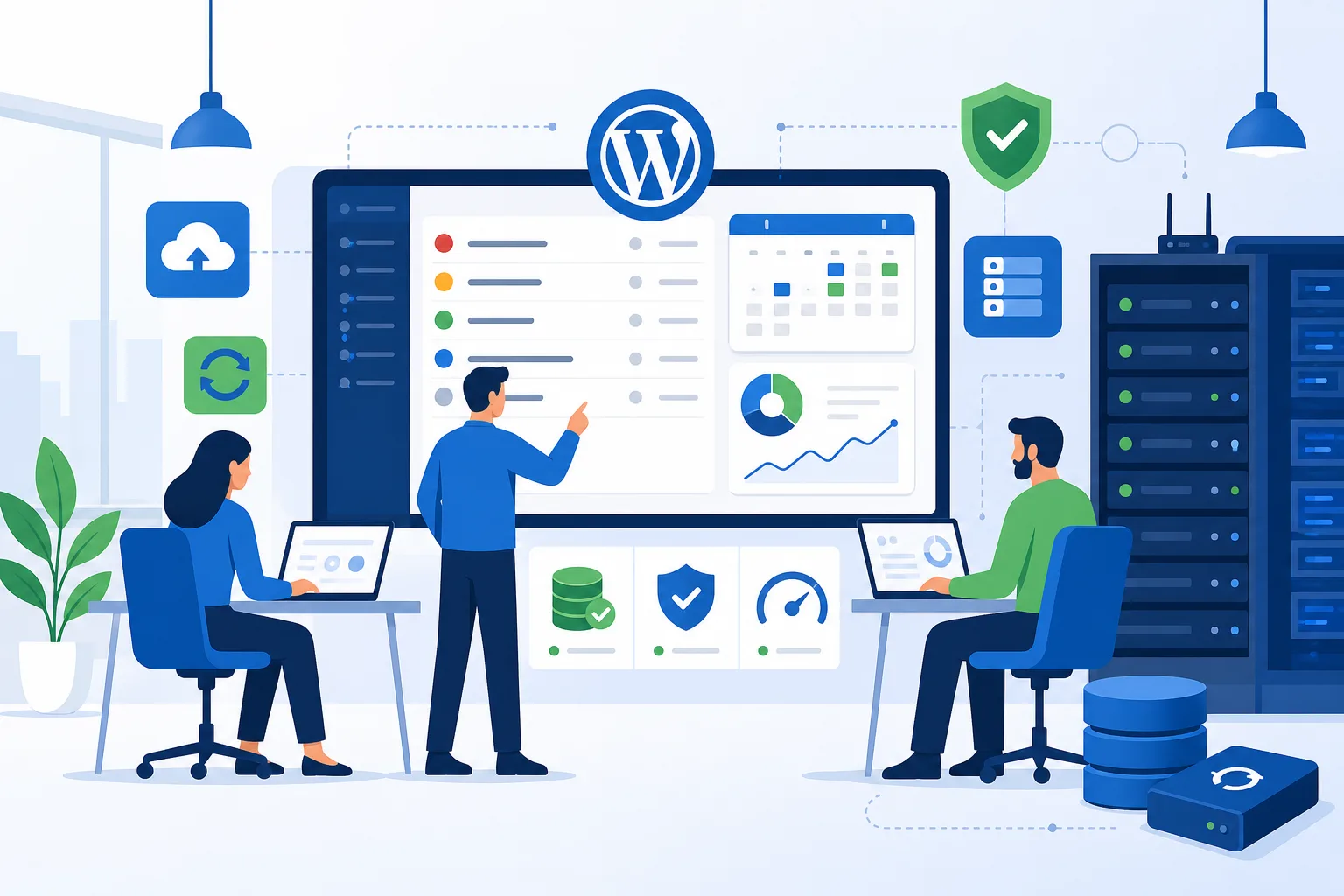 Equipe corporativa analisando painel de chamados WordPress com prioridades coloridas, calendario de manutencao, icones de backup e servidor em tons azul, branco e verde