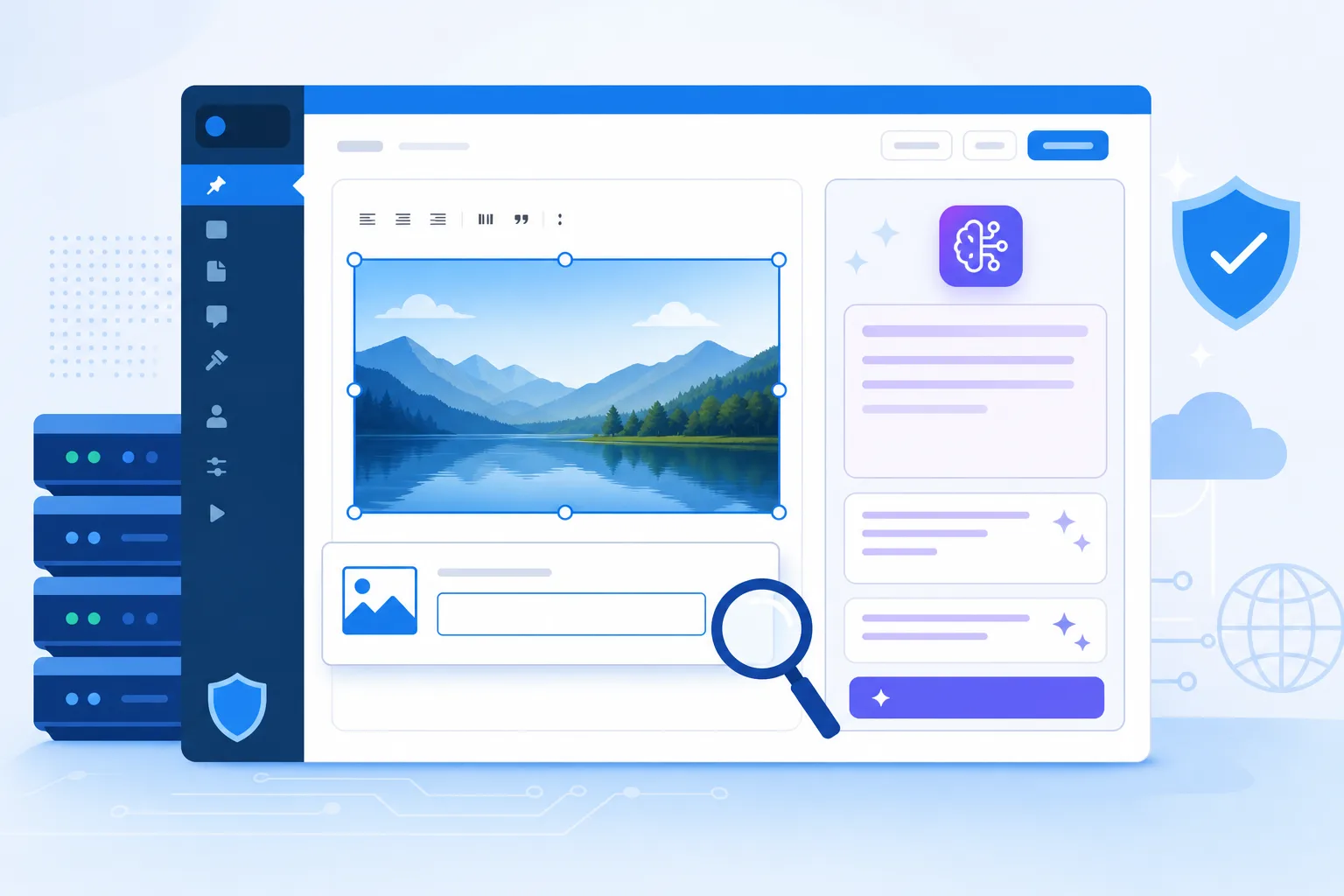 Tela editorial do WordPress em tons de azul e branco, com uma fotografia selecionada, campo de texto alternativo, lupa de revisão e painel de inteligência artificial sugerindo uma descrição