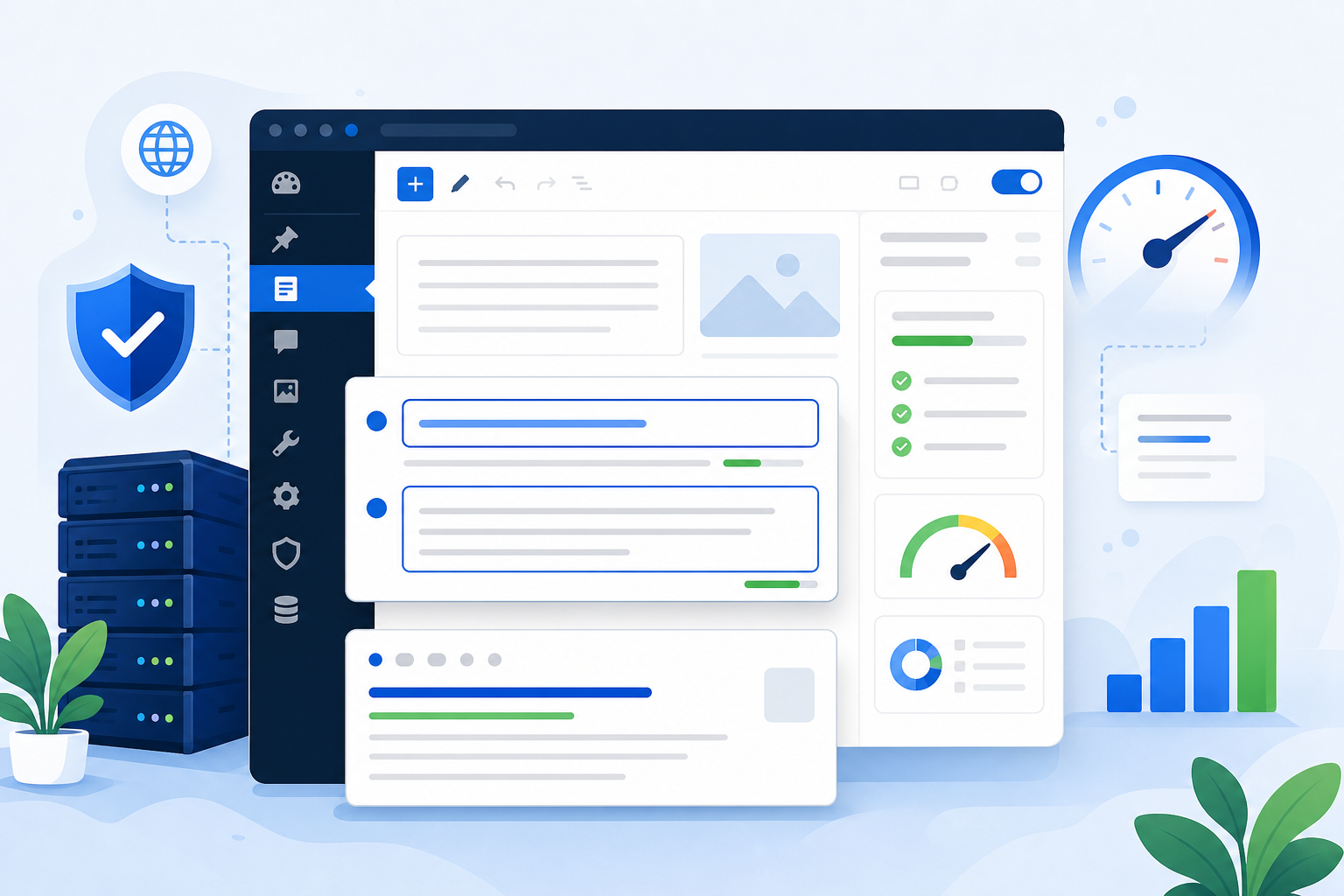 Tela conceitual de edição SEO no WordPress, com campos de título e meta descrição destacados em azul, prévia de resultado do Google e blocos de conteúdo ao fundo