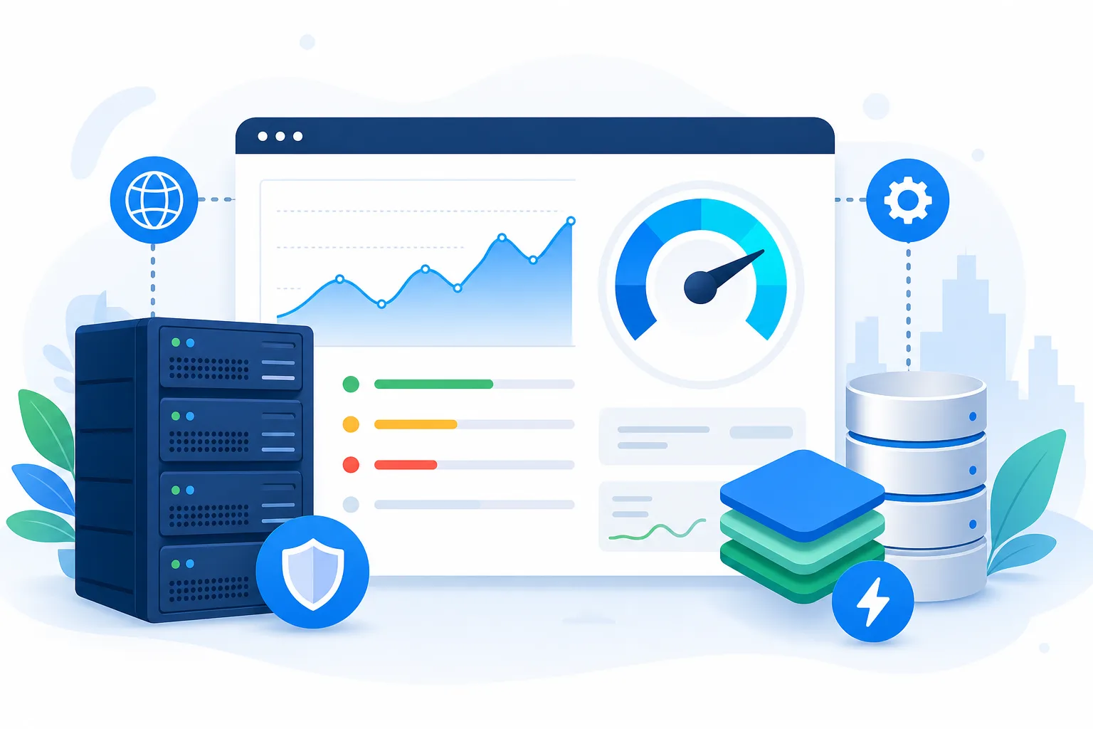 Painel conceitual de performance WordPress com gráfico de tempo de resposta do servidor, velocímetro azul, camadas de cache e ícones de banco de dados em fundo claro