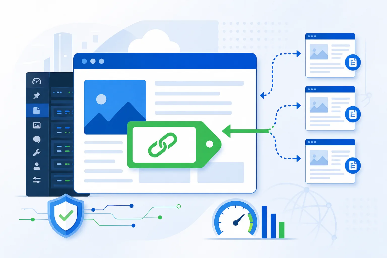 Tela conceitual de SEO no WordPress mostrando uma página com tag canonical destacada, setas apontando para versões duplicadas de URL e cores azul, branco e verde em estilo editorial limpo