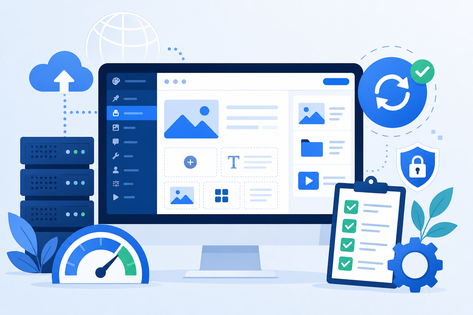 Painel administrativo do WordPress em tons de azul e branco, com ícones de atualização, editor de blocos, mídia e checklist de manutenção em destaque