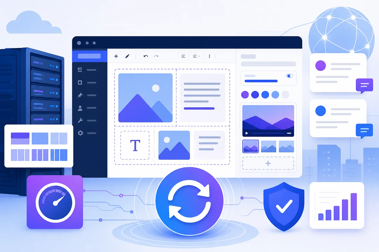 Tela conceitual do painel WordPress 7.1 em tons de azul e roxo, com blocos responsivos, editor de mídia, notas colaborativas e ícones de atualização em destaque