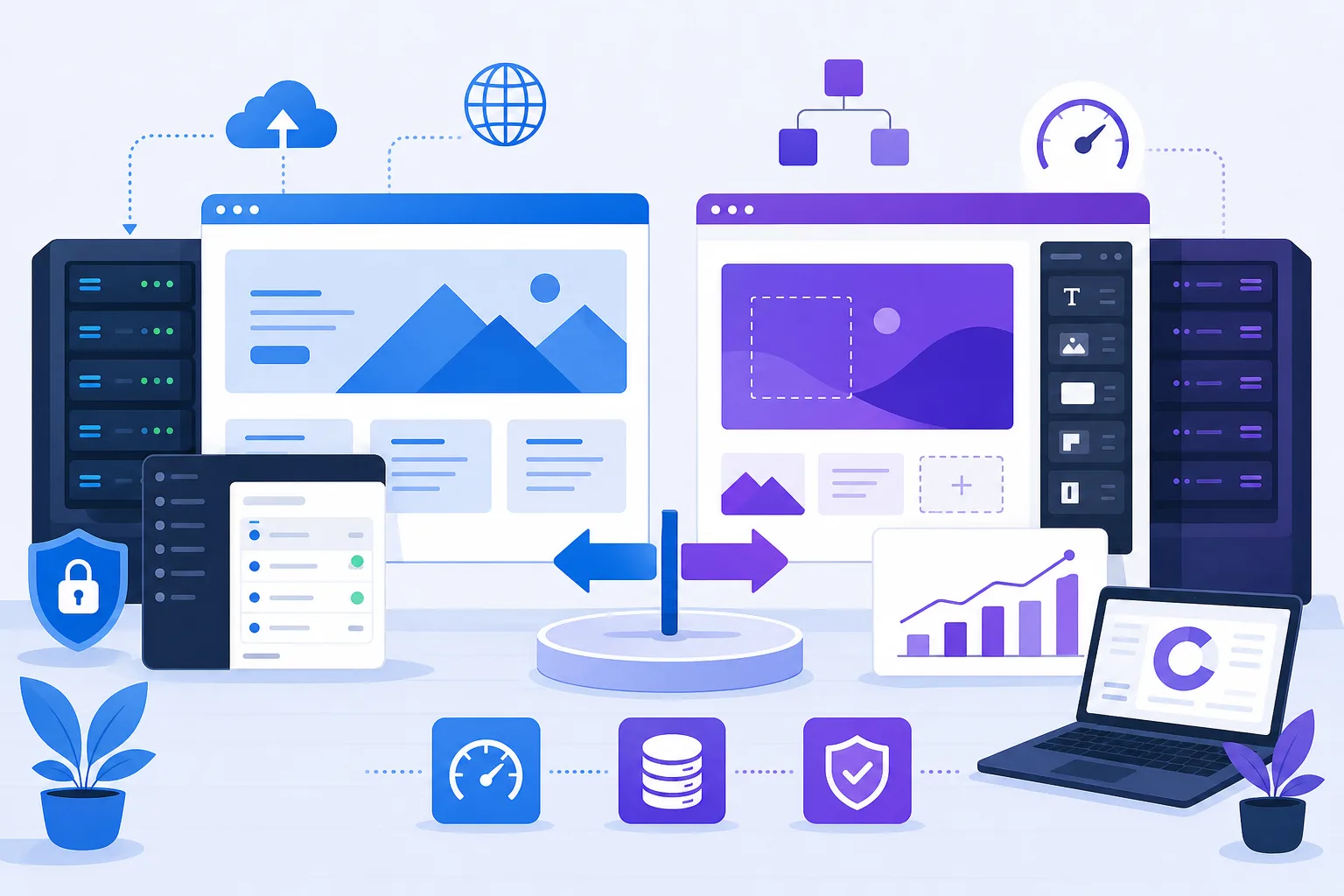 Ilustração comparando WordPress e Framer em uma mesa de decisão, com telas de site, blocos de conteúdo, painel de hospedagem, gráfico de crescimento e cores azul, roxo e branco