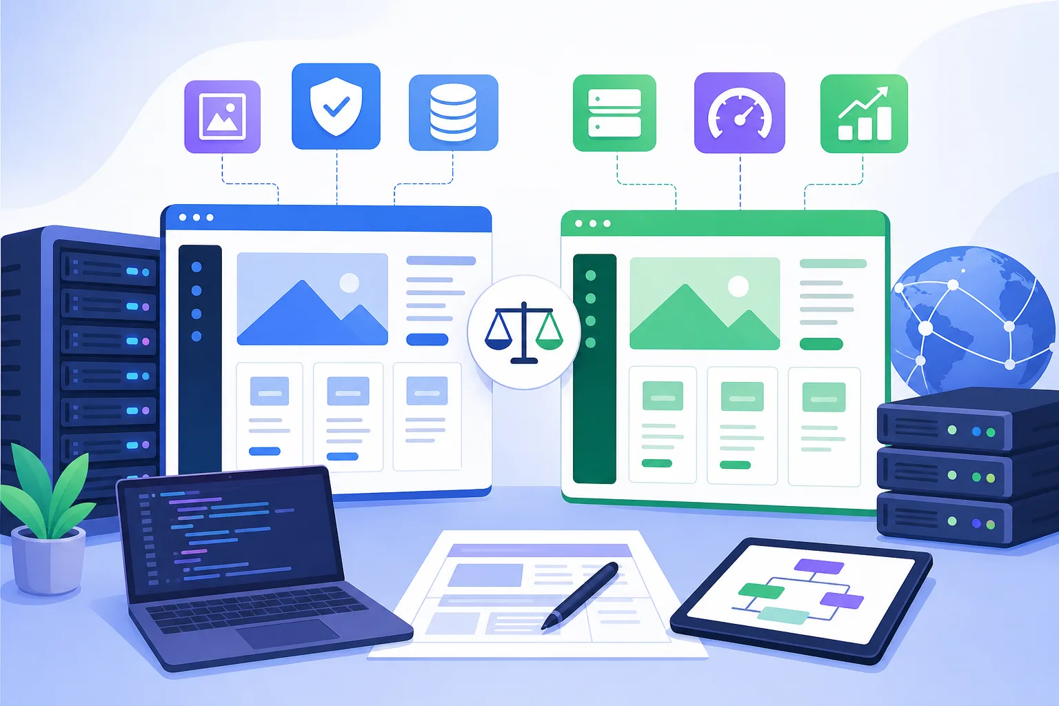 Comparação visual entre WordPress e Joomla em uma mesa de planejamento digital, com telas de site, ícones de conteúdo, segurança, hospedagem e SEO em tons azul, roxo e verde