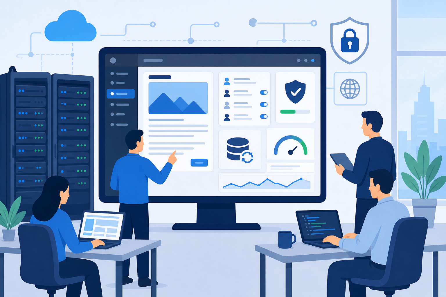 Ilustração de um painel WordPress empresarial em tons de azul e cinza, com equipe revisando páginas, permissões de acesso, segurança, backup e hospedagem em uma tela grande