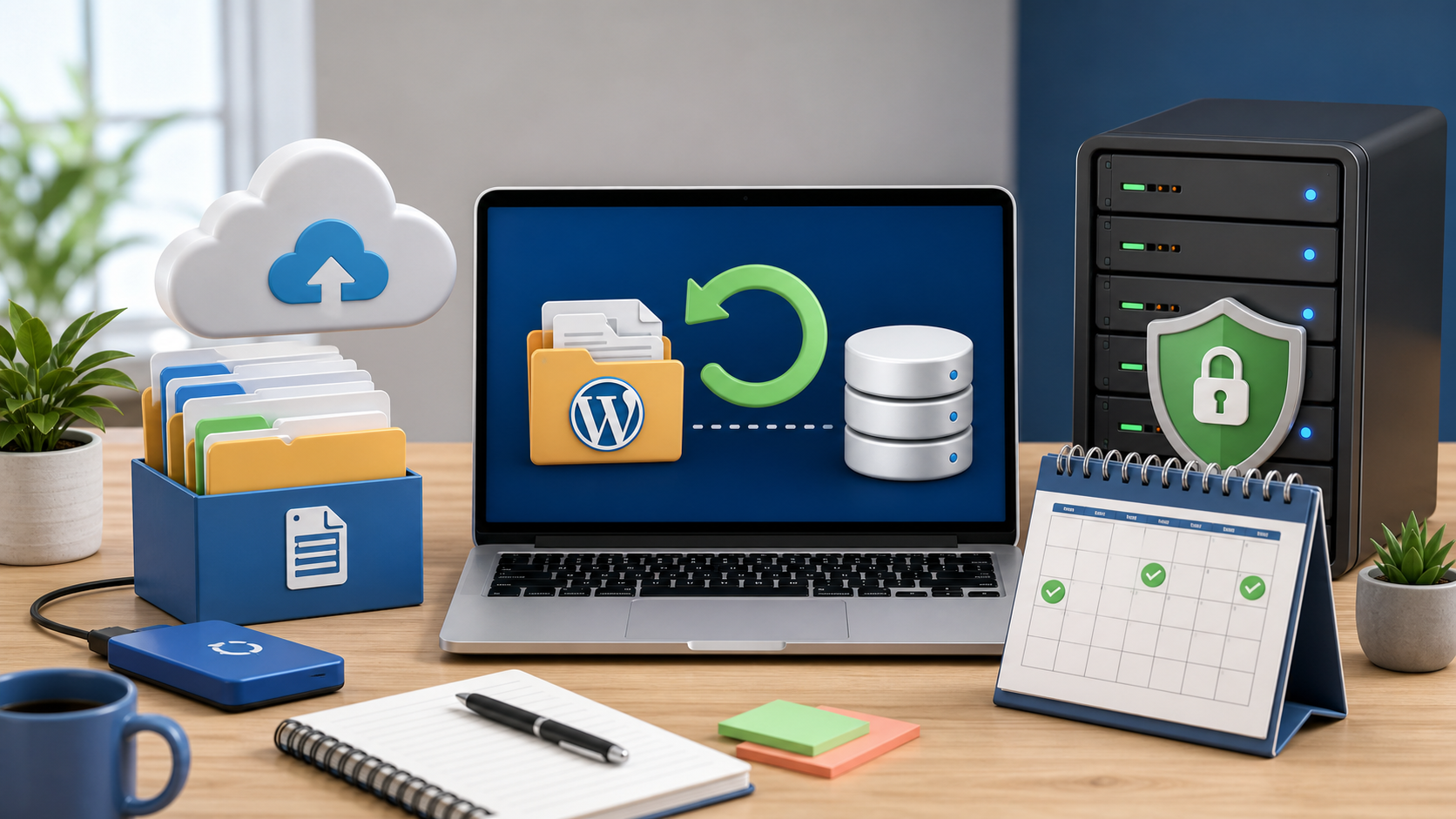 Rotina de backup WordPress com arquivos, banco de dados, nuvem e calendário de restauração