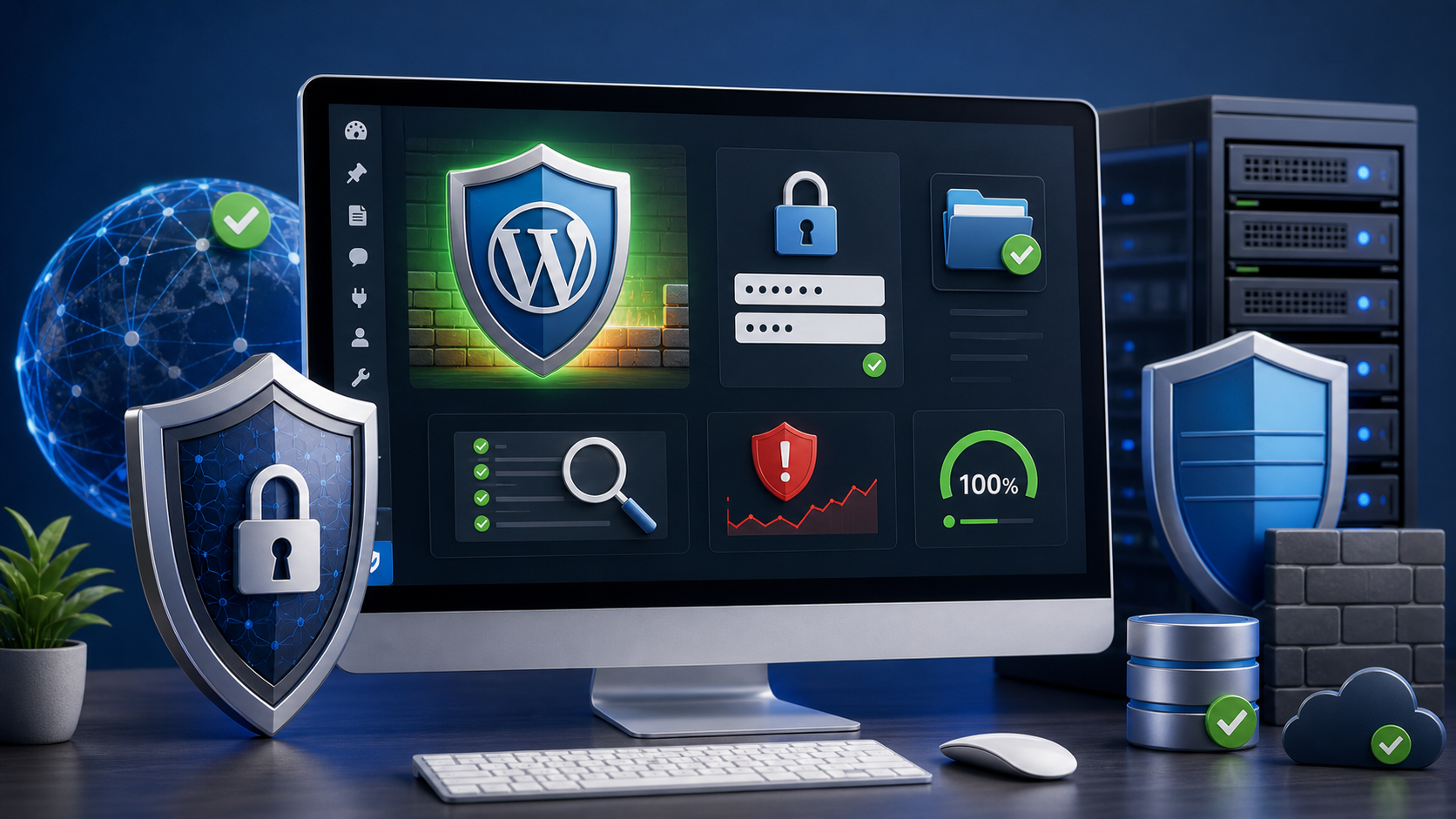 Painel de segurança WordPress com escudos, bloqueio de login e proteção de servidor