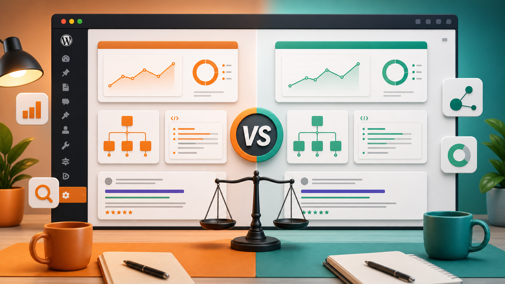 Comparação visual entre dois painéis de SEO para WordPress com gráficos e estrutura de sitemap