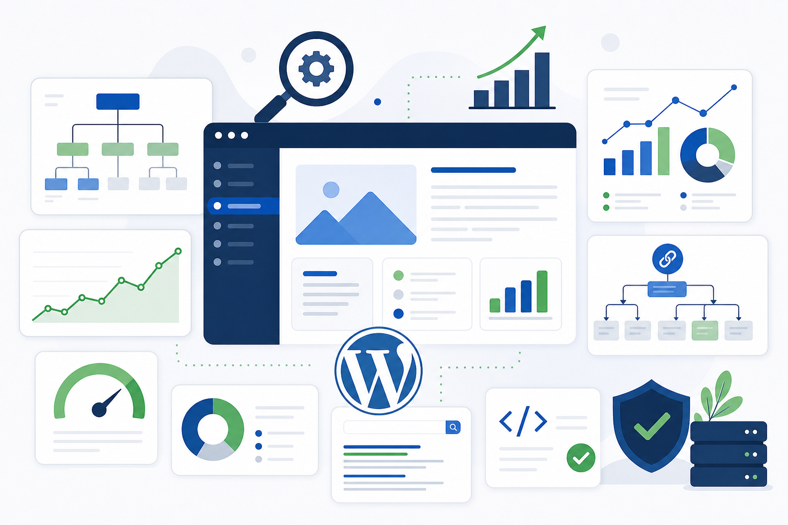 Painel de SEO para WordPress com sitemap, gráficos de crescimento, links internos e checklist técnico